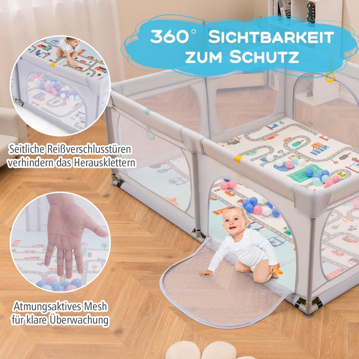 DREAMADE Playpen for Baby, 189 x 158 cm Playard with Mattress & 4 Pull Rings & 50 Ocean Balls & Carrying Bag, Large Safety Gate for Babies & Toddlers 0-3 Years (with Mattress, Light Gray)