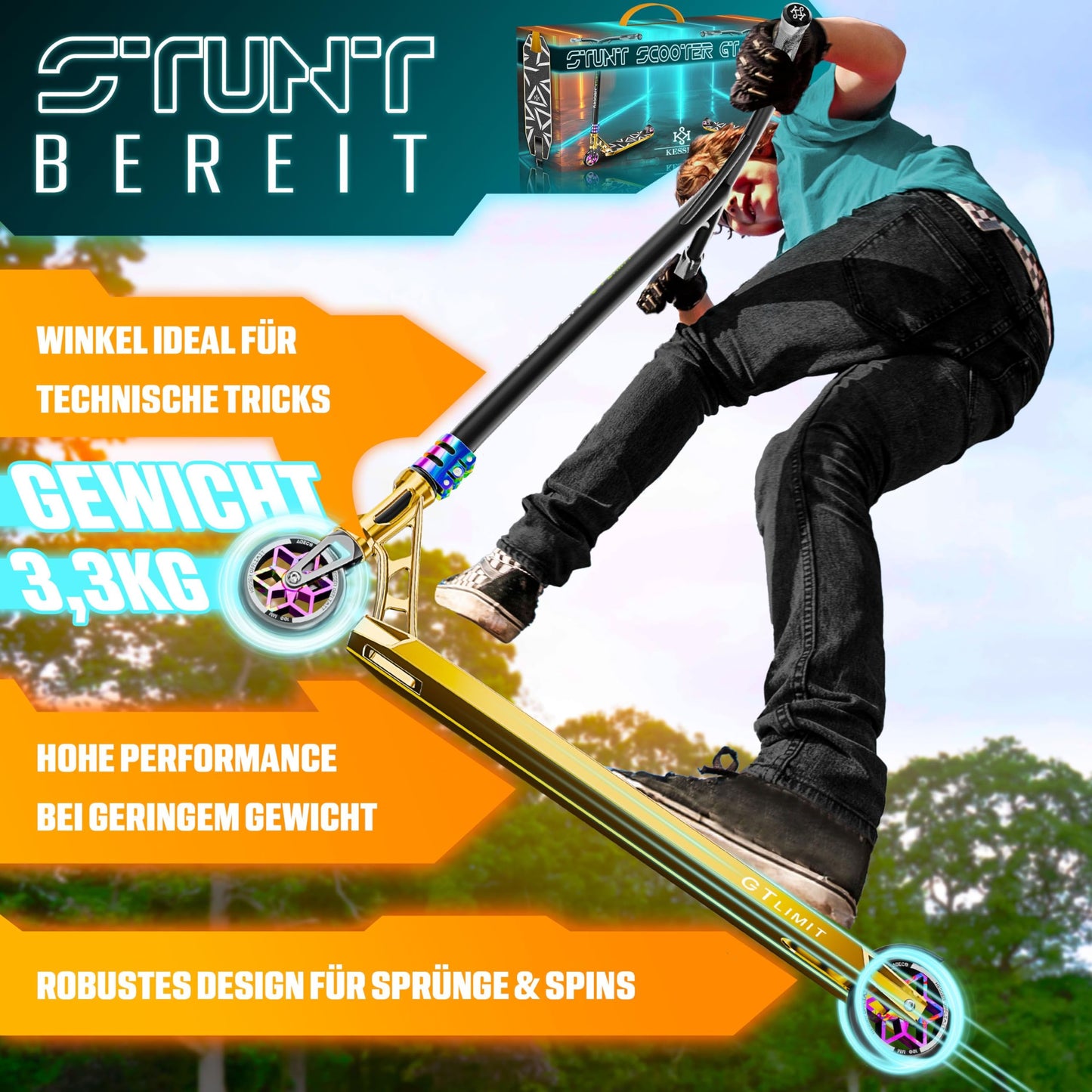 KESSERยฎ Stunt Scooter GT-Limit 360ยฐ Steering Freestyle Scooter Trick Scooter with Stand ABEC 9 Bearings, 110 mm PU Wheels, Kick Scooter Push Scooter City Roller Trick Scooter for Kids Adults
