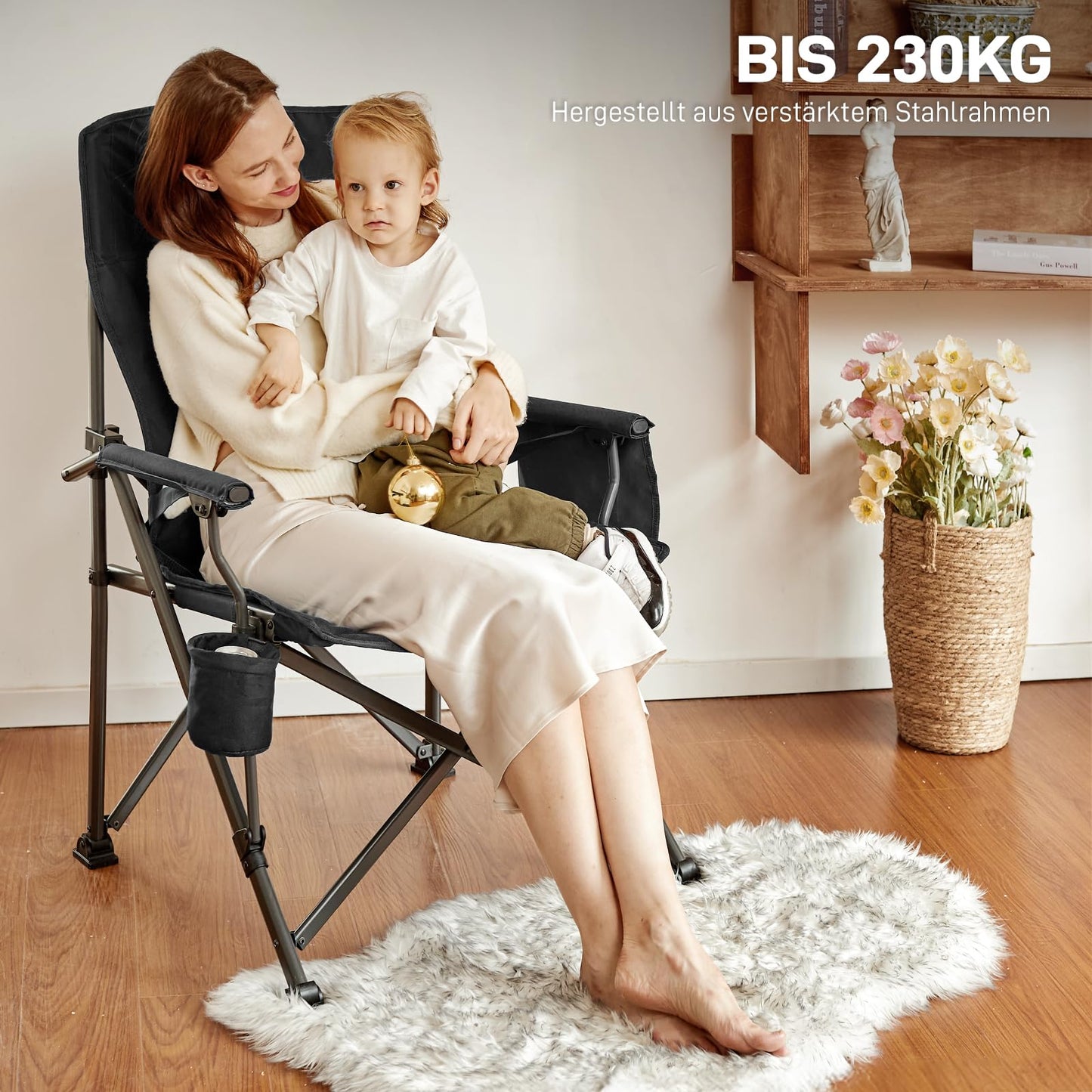 Ever Advanced folding camping chair supports up to 230KG. XL size with lumbar support, 62cm wide seat, side pocket, and drink holder. Great for camping, outdoor activities, balcony, and garden.