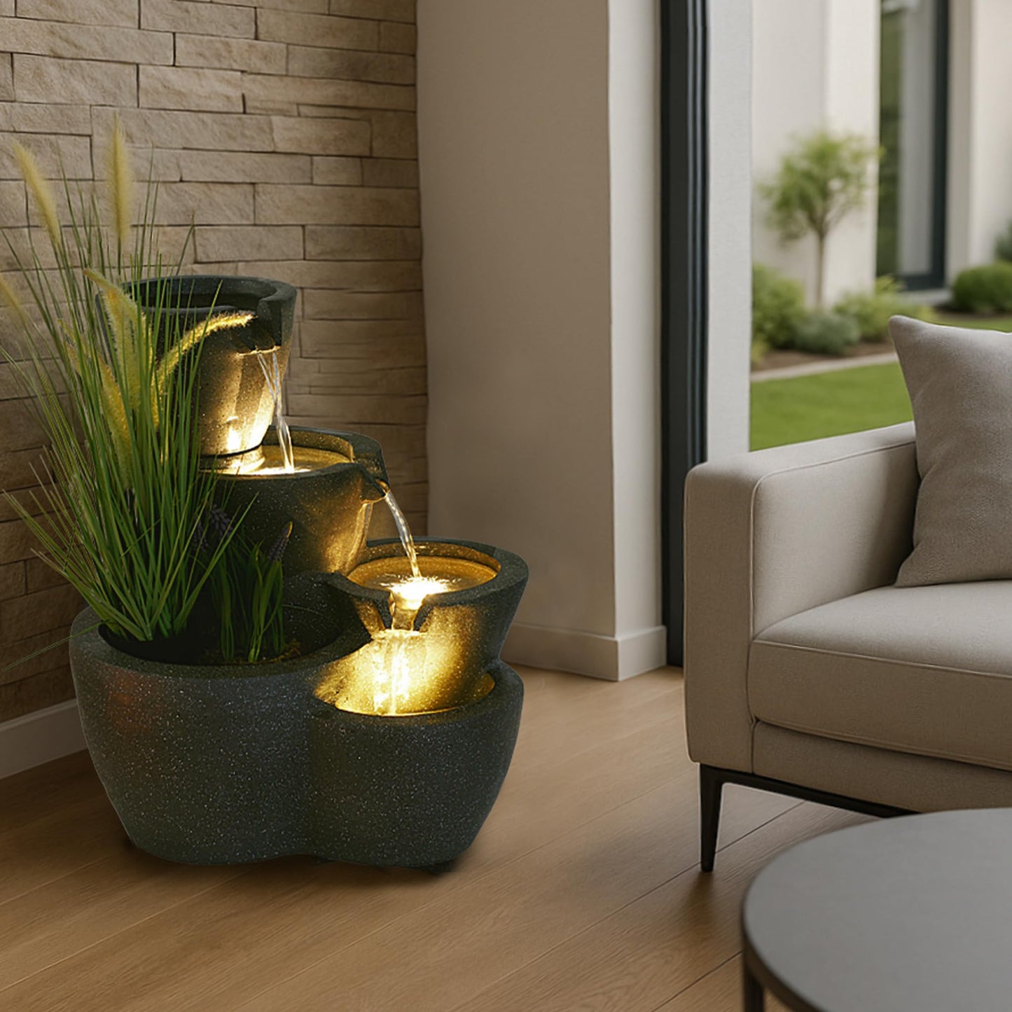 Indoor fountain with lighting Botana garden fountain plantable fountain terrace fountain (LED: warm white)
