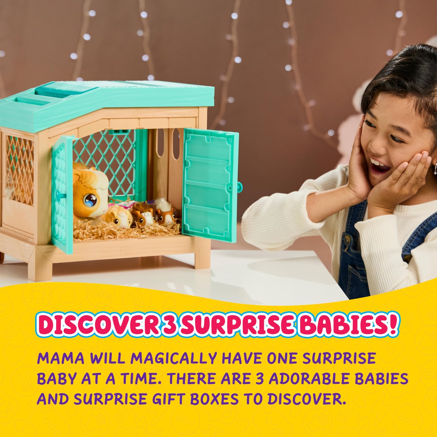 Little Live Pets - Mama Surprise | Interactive mom guinea pig with stable and 3 surprise babies. Over 20 sounds and reactions, repeatable play patterns, 5 years / 60 months.