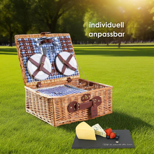 Enjoy Willow Wicker Picnic Basket for 4 with Cooler & Picnic Accessories - Tableware, Cutlery, Wine Glasses - Gift Idea for Camping, Outdoor & Family - BLUE