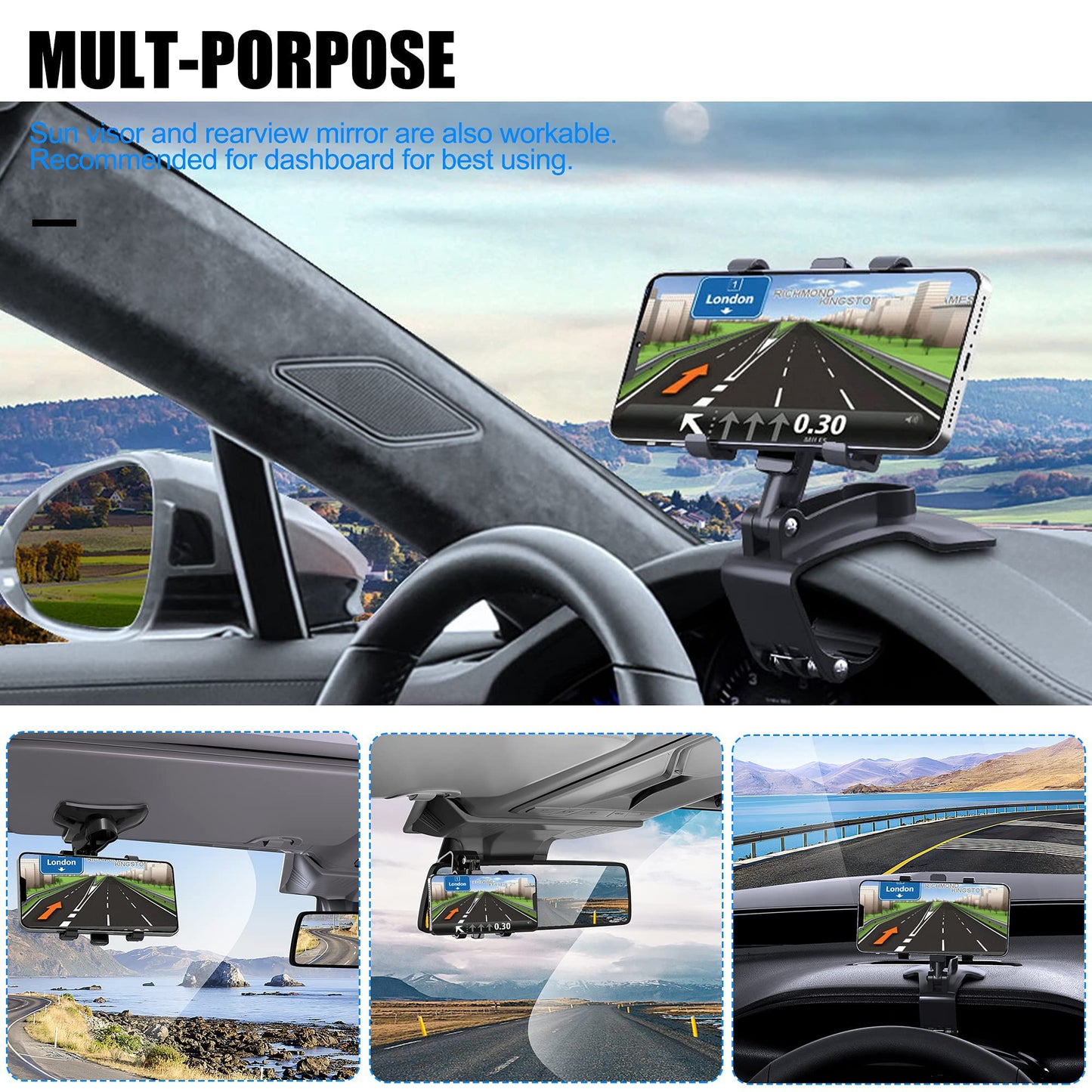 GESMATEK Car Phone Mount, 360-degree adjustable car phone holder for 4 to 7 inch smartphones, black.