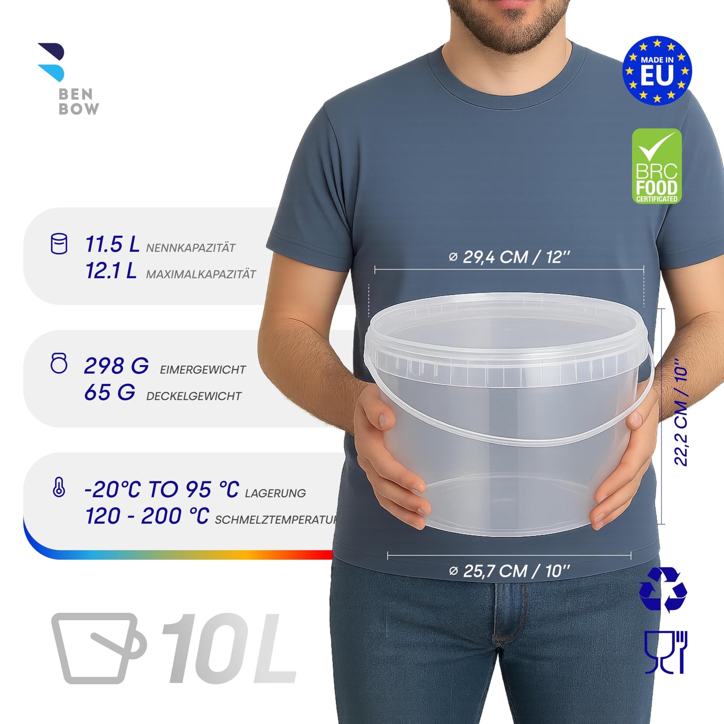 BenBow Bucket with Lid 10L transparent 100x 10 liters - food-safe, sturdy, airtight - Plastic storage container, with handle - empty