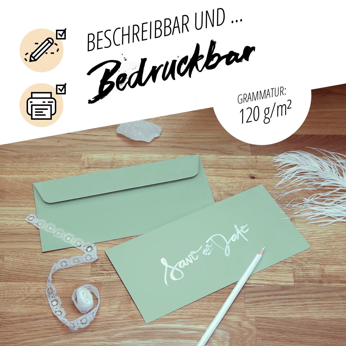 Japun - Paper envelopes (100 pcs), made of paper, without window - DL size - 220 x 110 mm - green.