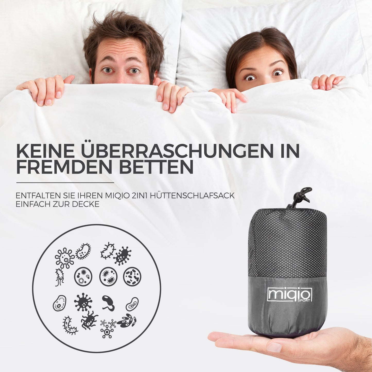 MIQIO® 2in1 sleeping bag liner ultra-light with full-length zipper (left or right): Thin comfort travel sleeping bag and XL travel blanket in one.