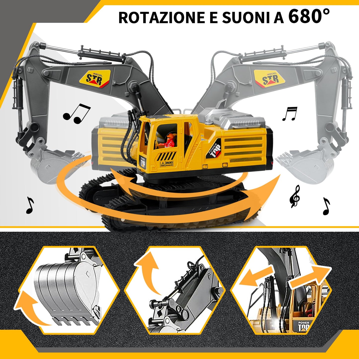 FUYLEY Remote Control Toy for Boys, Metal Shovel for 14K RC Excavator, 2.4 GHz with Sound Spray, Construction Toy RC 680° Rotation for Boys Gift