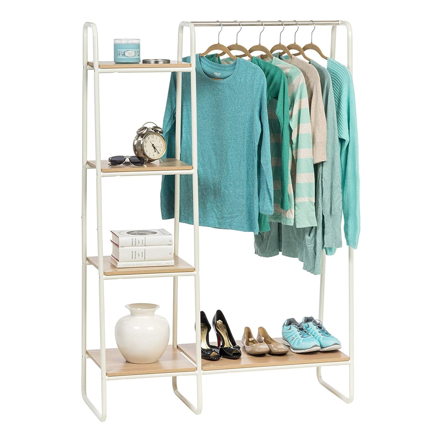 Iris Ohyama clothes rack with wooden shelves, 4 levels, White, Modern design, Sturdy frame, non-slip, For bedroom, studio, wardrobe, clothes & shoes, laundry rack, Easy assembly, PI-B3
