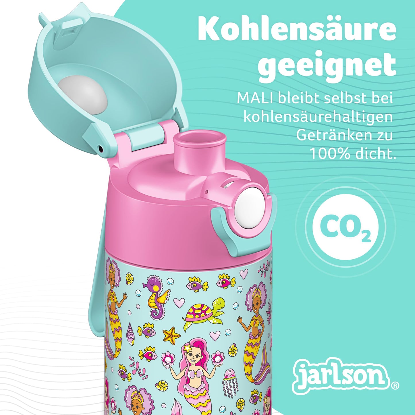 JARLSON® Kids Water Bottle "MALI" - Stainless Steel Thermo Flask - BPA Free - Leakproof - Children's Bottle with Chug Lid - Bottle for School, Kindergarten - 350ml (Mermaid, 350 ml)