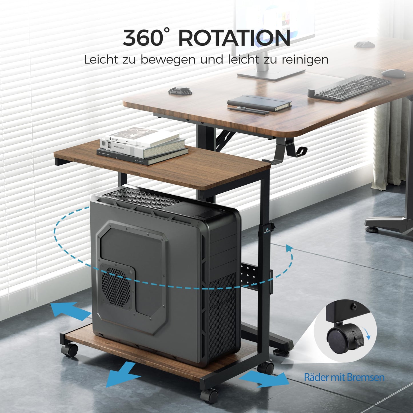 EUREKA ERGONOMIC Adjustable PC Tower Stand, ATX Case CPU Holder PC Cart, CPU Stand with Wheels and Mouse Pad, Walnut Color.