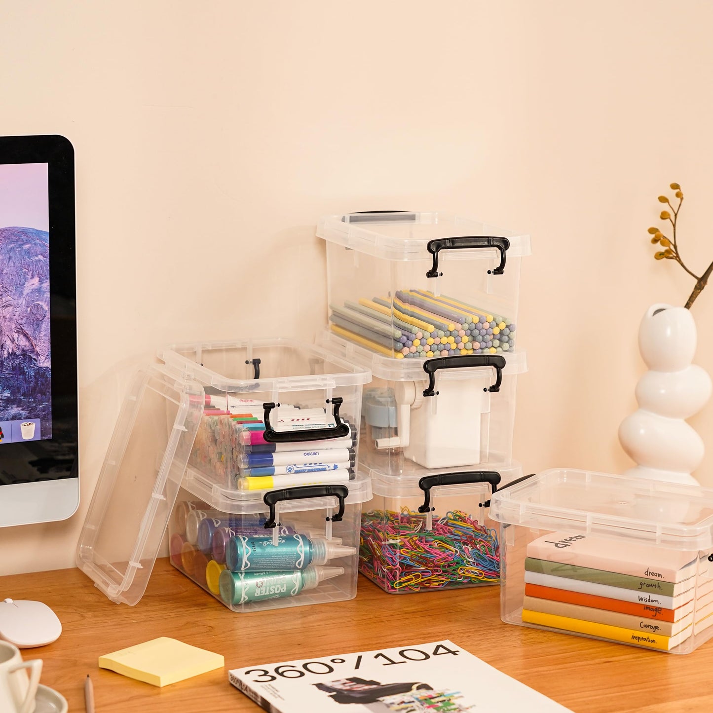 Citylife 6-piece set of 4L storage boxes with lids, small and stackable. Transparent with handle clips for small items. Elastic and durable plastic boxes for crafting supplies, measuring 21.5 x 11 x 15.2 cm.