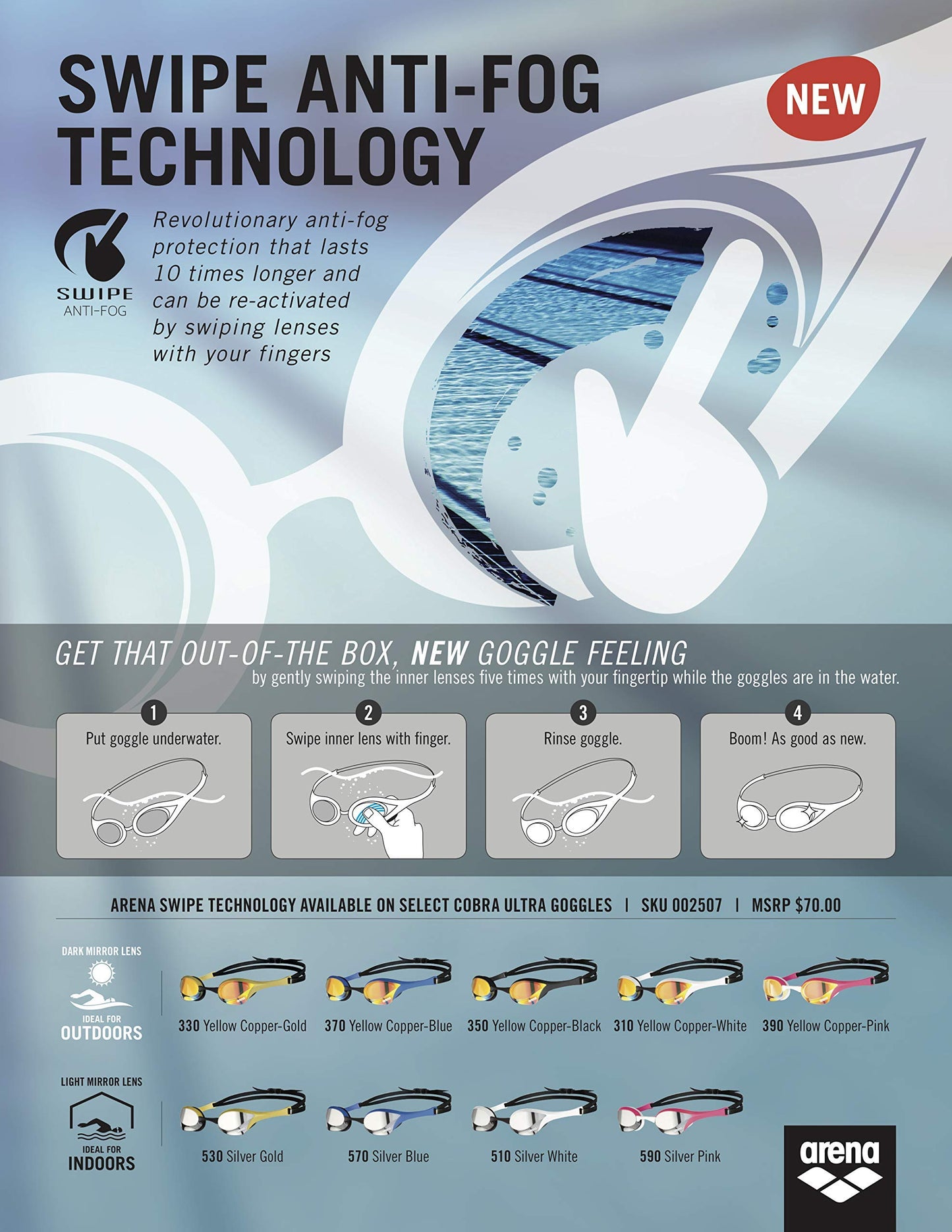 ARENA Cobra Ultra Swipe Mirror Unisex Race Swim Goggles for adults, diving goggles with curved mirror lenses, anti-fog, UV protection, 5 interchangeable nose bridges.