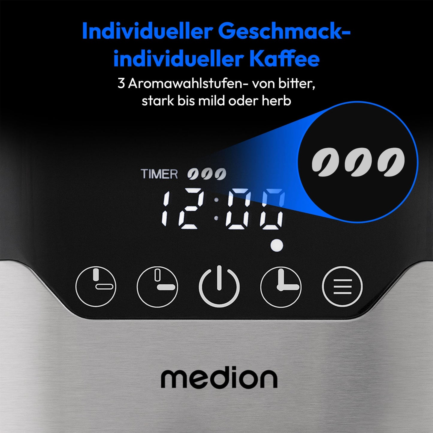 MEDION coffee machine with thermal carafe and timer (filter machine, 8 cups, 1.2 liters, 900 watts, 3 levels, keep warm function, timer clock, anti-drip, display, stainless steel) MD18458.