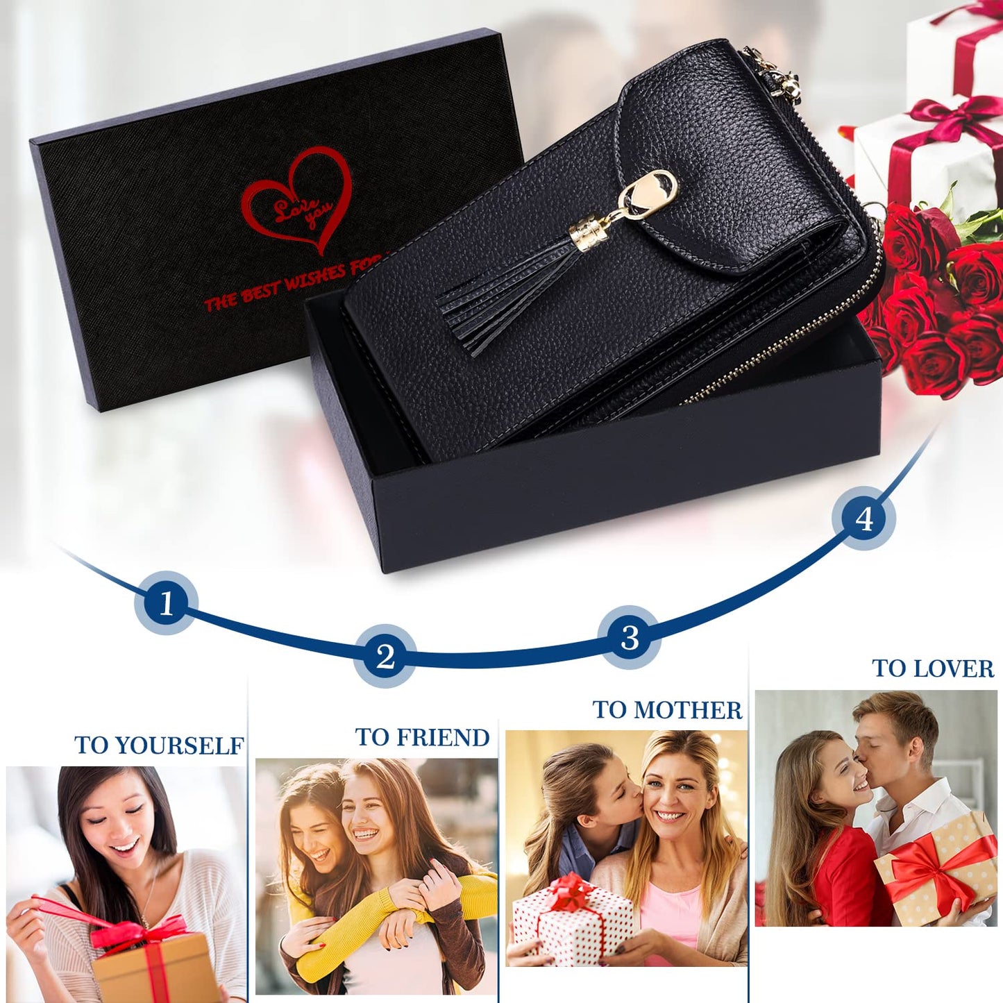 BTNEEU crossbody phone purse for women is made of leather with RFID protection. It features 12 card slots, adjustable shoulder strap, and can hold your phone and wallet securely. Available in black.
