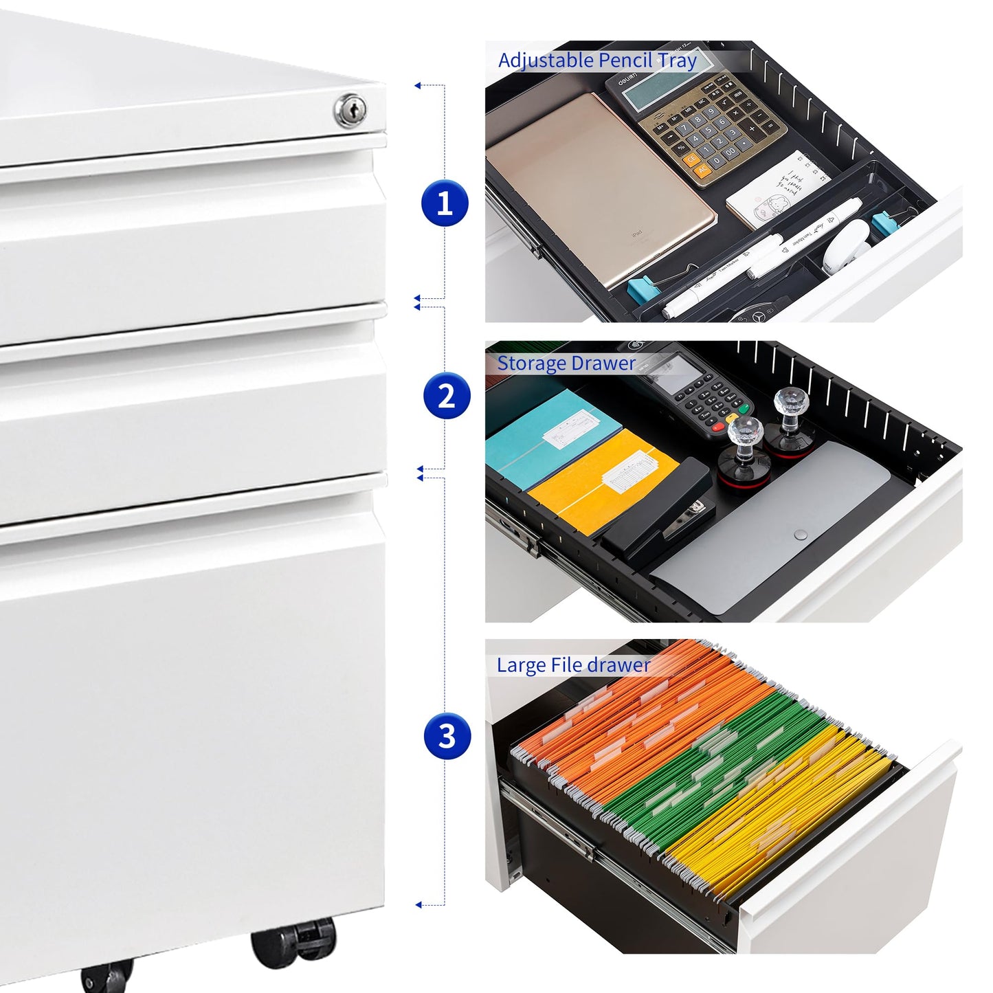 LVSTEEL rolling file cabinet, fully assembled with lock, under desk metal cabinet for home office, mobile printer stand for A4/files.
