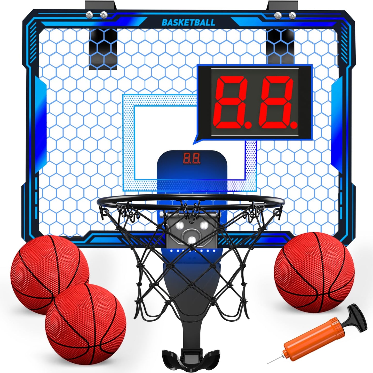 HYES Mini basketball hoop with 7 lighting for kids, electronic scoreboard, 3 balls, pump, indoor outdoor basketball hoop sports toy for kids, blue.