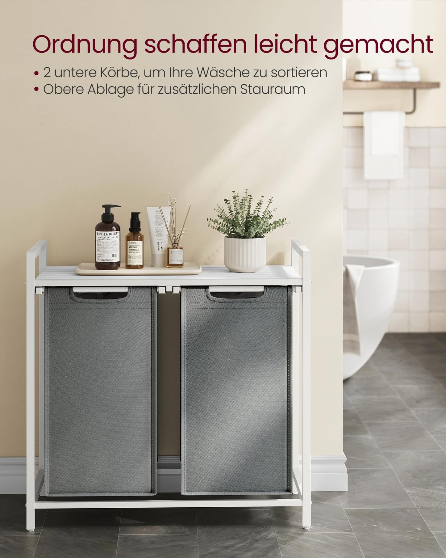 VASAGLE laundry basket with 2 compartments, laundry collector with shelf, laundry box, laundry bag made of Oxford fabric removable, metal frame, 2 x 46 L, 73 x 33 x 72 cm, slate grey-matte white BLH201W11