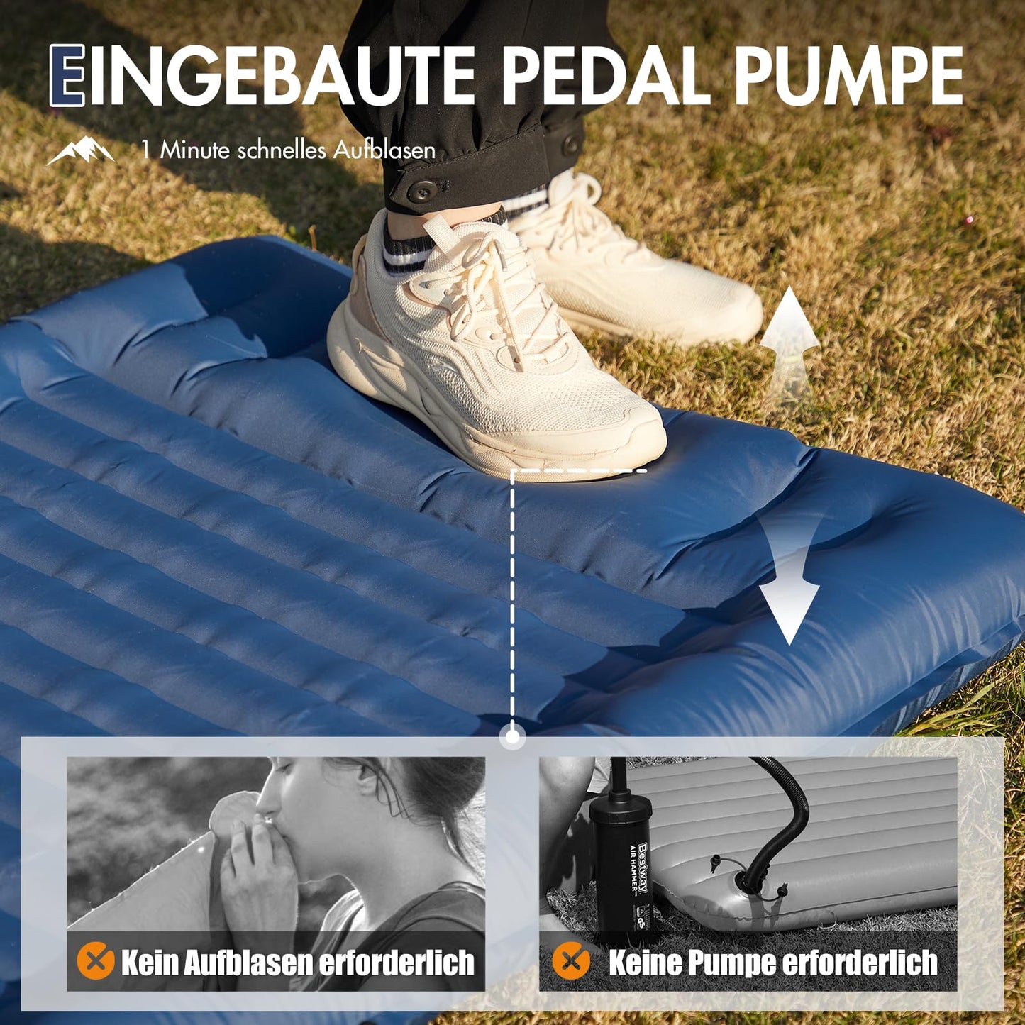 PORTAL Camping Self-Inflating Sleeping Pad 10cm Thick Air Mattress Ultra-light with Foot Pump 18cm Thick Pillow Inflatable Mattress Outdoor Foldable Sleeping Mat 200*74cm for Camping Hiking Travel