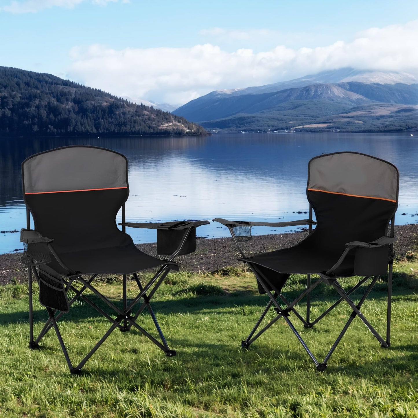 HIGH POINT SPORTS Folding Camping Chair 2-Pack up to 225 lbs Camping Chair with Drink Holders Foldable Camp Chair with Armrests Outdoor Chair (Black)