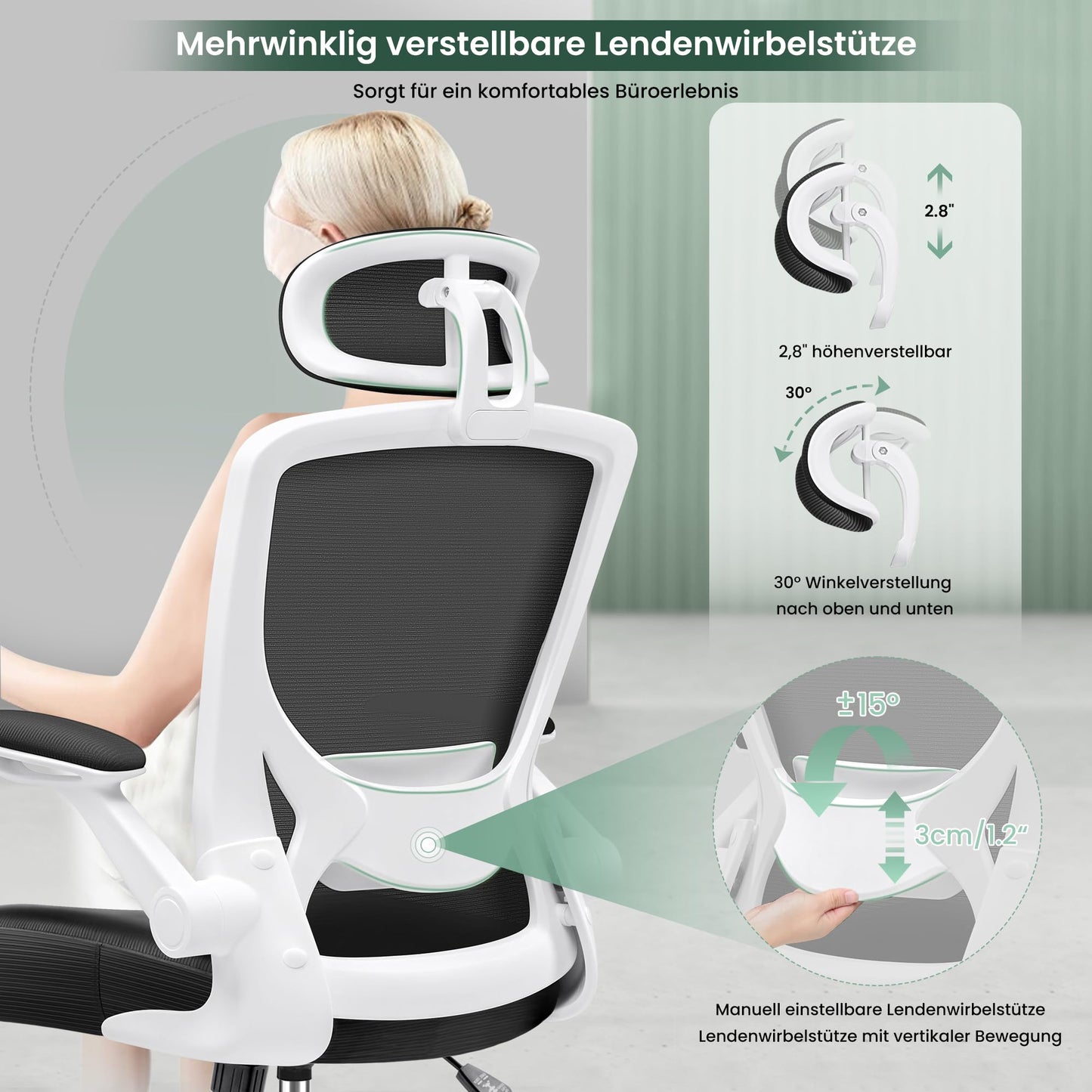 KERDOM Office Chair Desk Chair Ergonomic, Executive Chair with Adjustable Headrest, Armrests, Swivel Chair Tilt Function up to 135° Office Chair 150 kg White