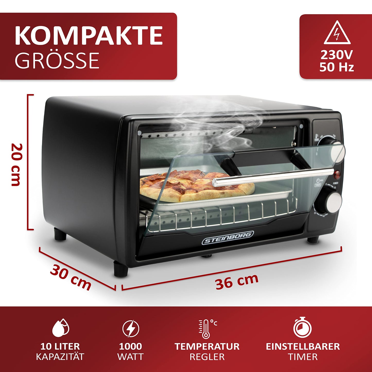 Ecosa Mini Oven | 1000 Watts | 10 liters | includes baking tray and grill rack | Pizza oven | 90°-230°C | 60 min. timer | fold-down crumb tray | mini oven | small oven