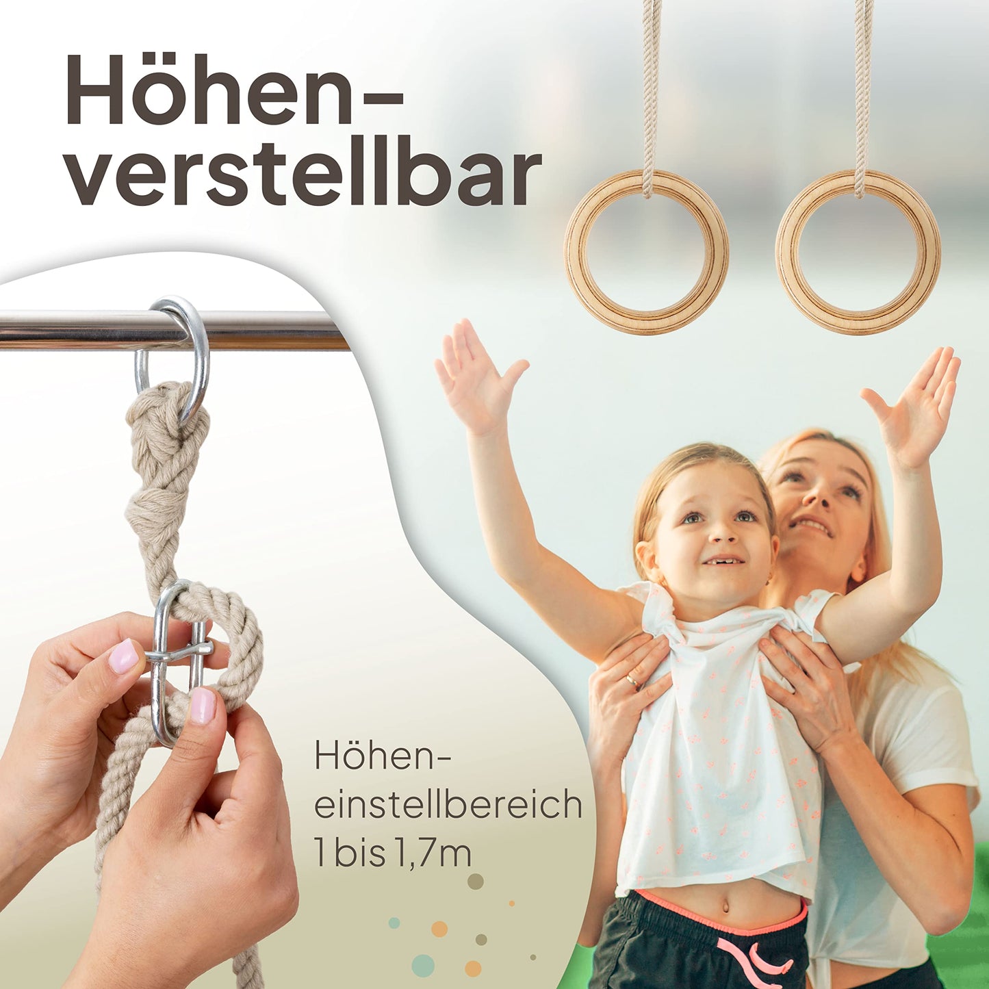 Woudi® wooden gymnastic rings made of laminated solid wood, swing rings with adjustable ropes, for kids and adults I Indoor & Outdoor use I gymnastic rings I toy (17cm outer diameter).