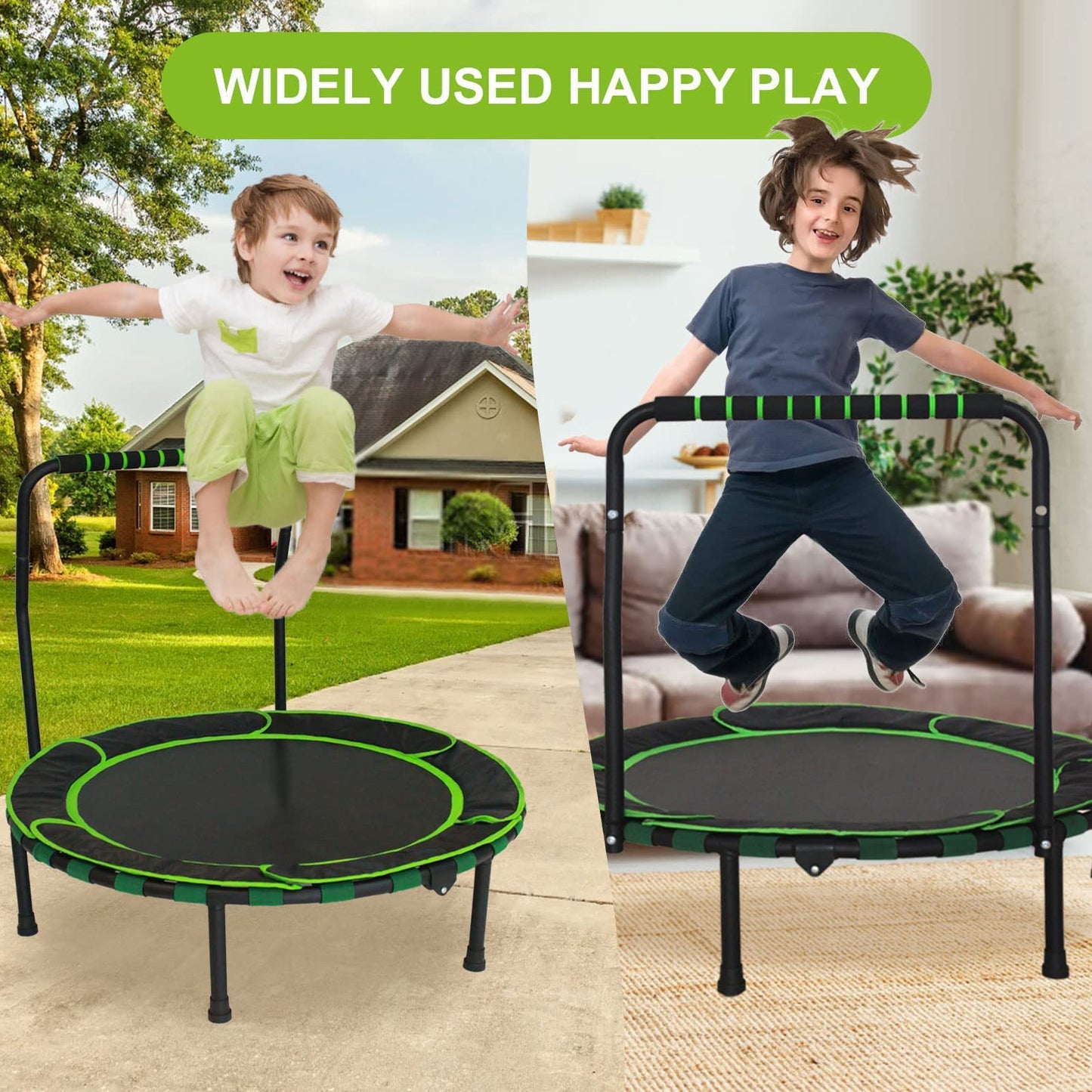 Trampoline Kids Indoor Outdoor Ø91cm, Mini Trampoline Jumping Fitness Trampoline Foldable Garden Trampoline with Handle and Safety Padding, Kids Trampoline for Boys Girls aged 3 years and up (Green)