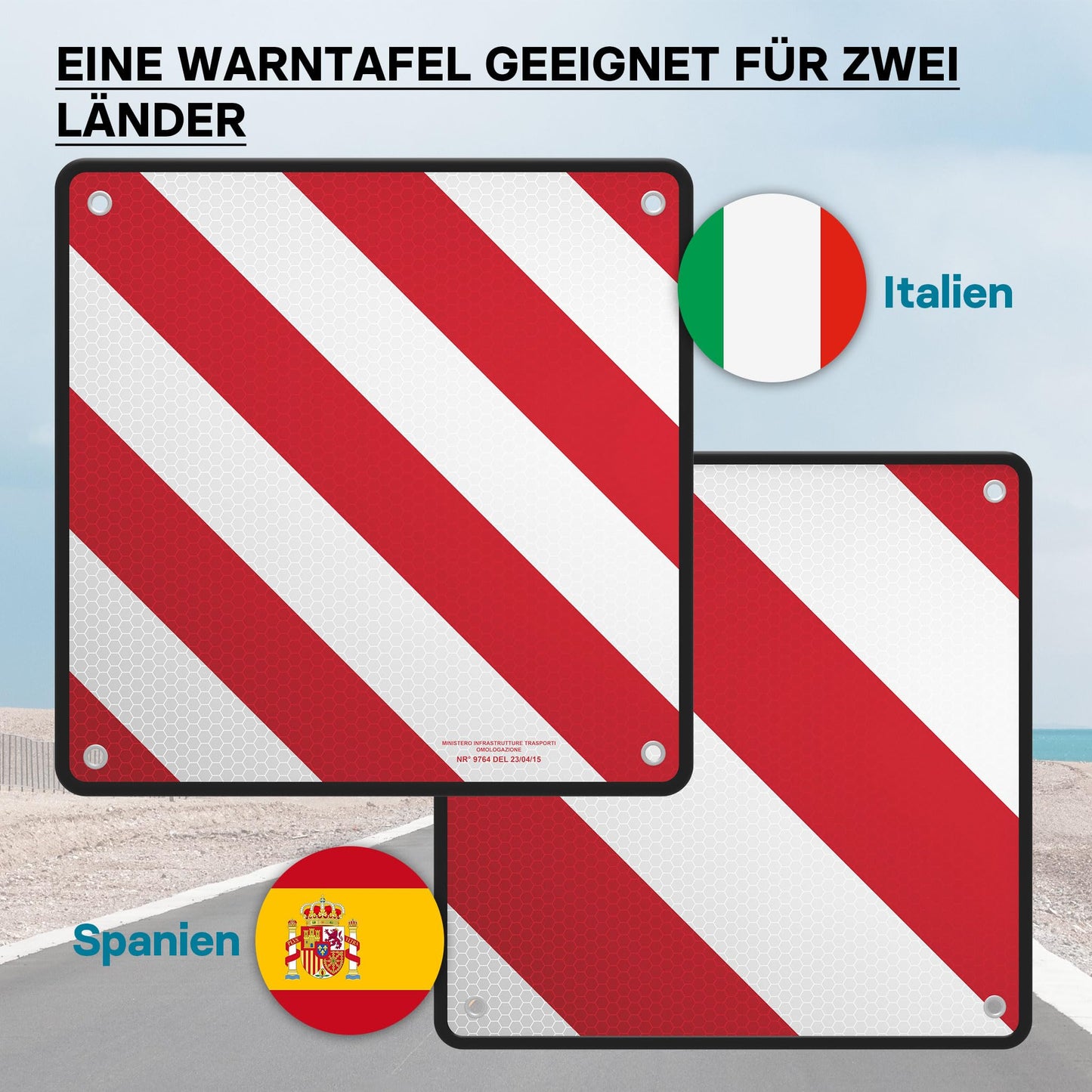 Wiltec 2in1 red and white warning sign for Spain and Italy made of aluminum with mounting holes 500x500 mm reflective warning sign for bicycle carriers and rear carriers to mark protruding cargo.