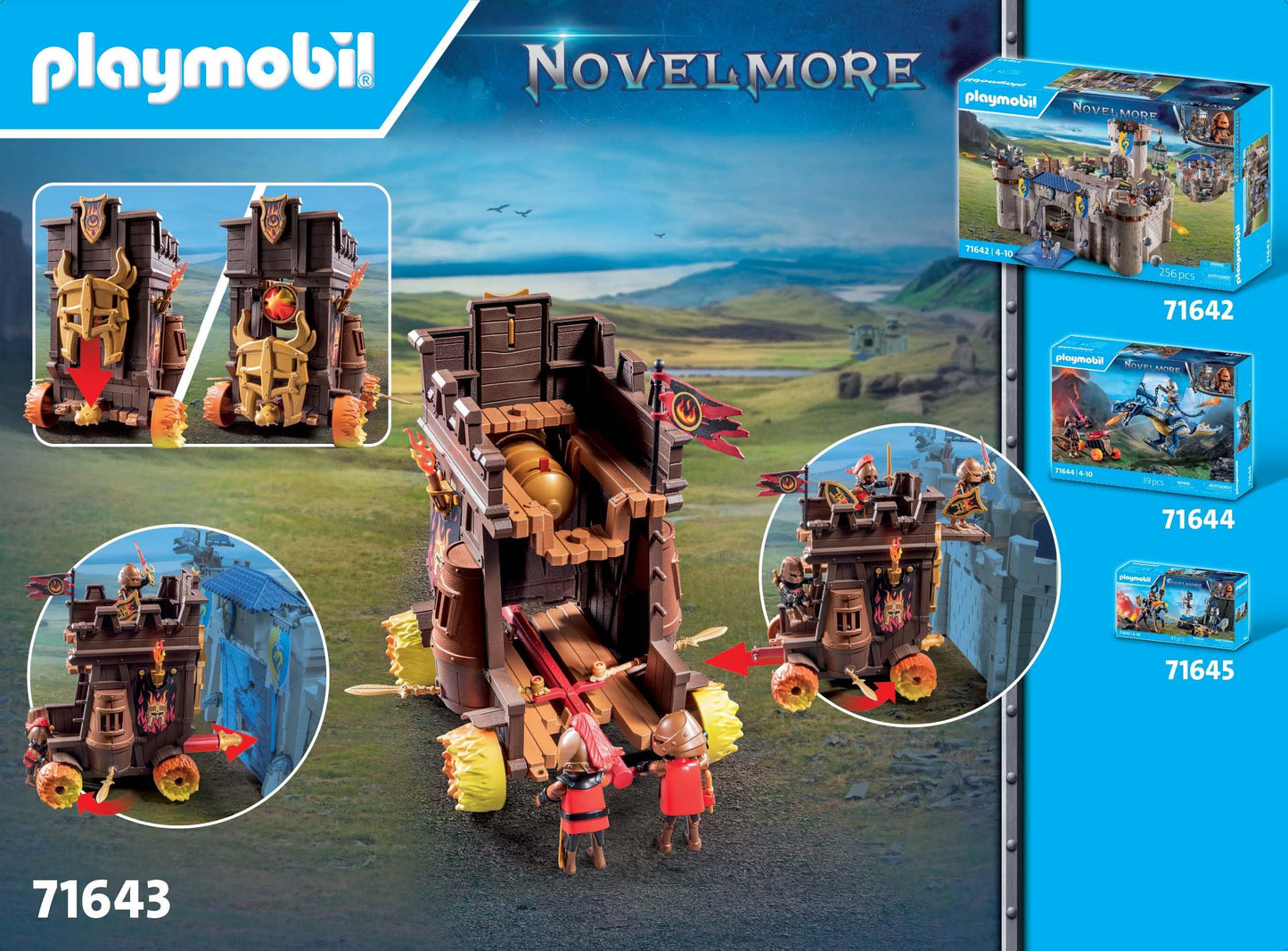 PLAYMOBIL Novelmore 71643 Attack Vehicle with Fire Cannon, featuring three Burnham Raiders knights, includes various accessories for exciting battles, action-packed toy for children aged 4 and up.