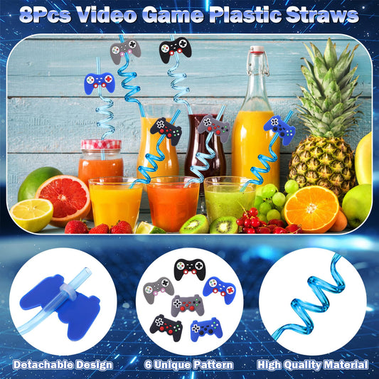Video game party favors for kids' birthdays: straws, silicone bracelets, gift bags, stamps, gamer controller keychains, VIP pass stickers. Great giveaways for children!