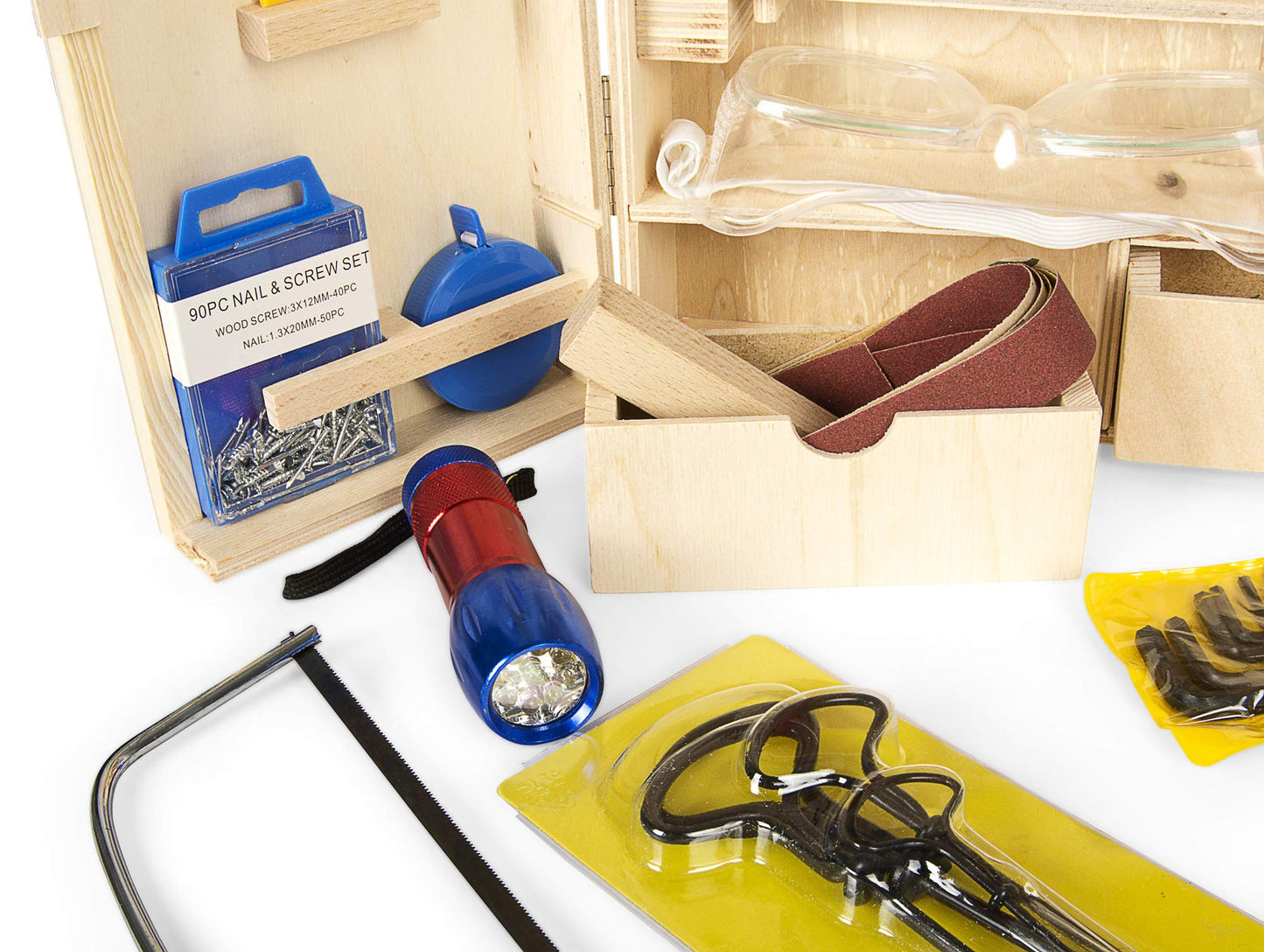 Leomark Deluxe Wooden Toolbox for Kids - 50 piece tool set, compact tool case, wooden cabinet with accessories, wooden box with metal accessories.