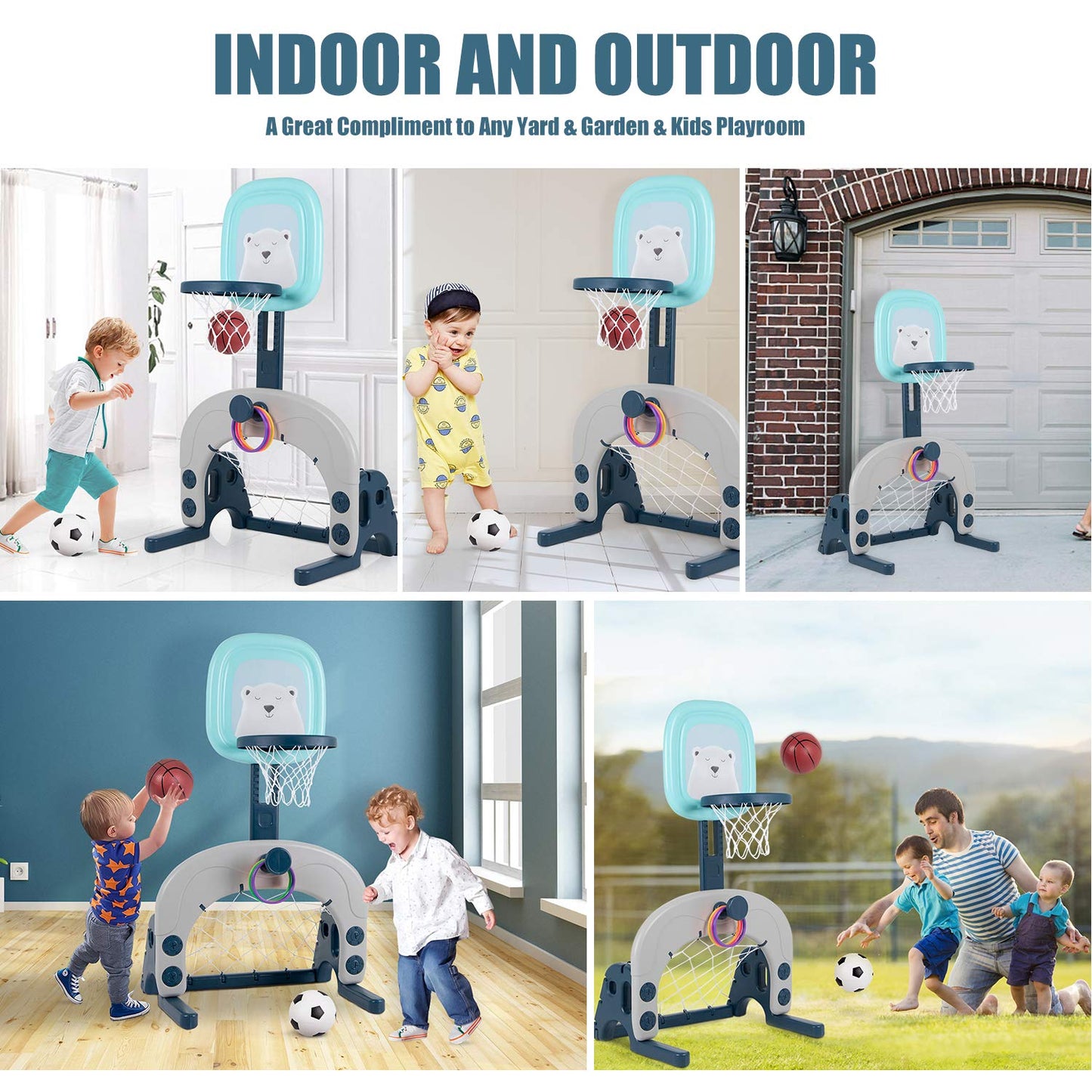 Hadwin Kids Basketball Hoop Set, 3-in-1 adjustable basketball stand & soccer goal & throwing game for toddlers, sports for boys and girls, suitable for indoor use.