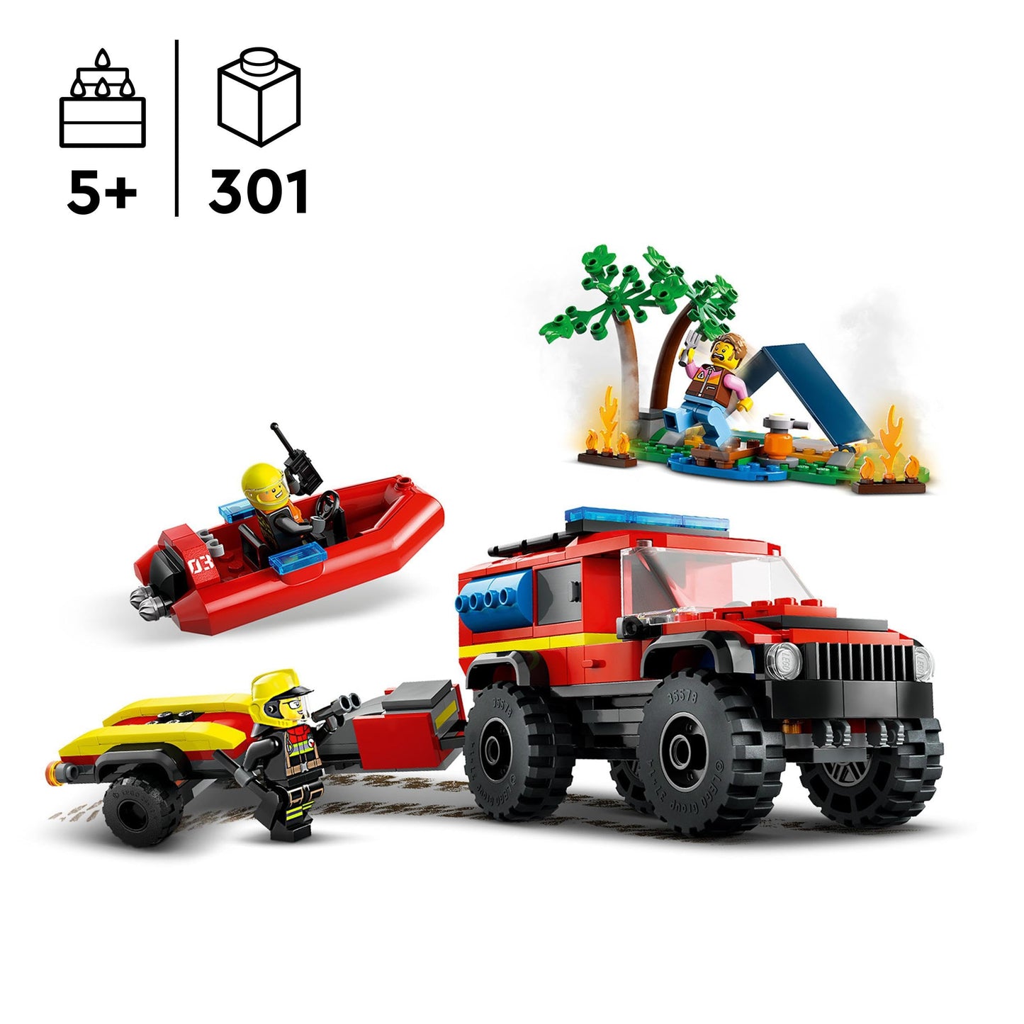 LEGO City Fire SUV with Rescue Boat, Off-Road Car Toy & City Fire Helicopter, set with helicopter toy and pilot figure.