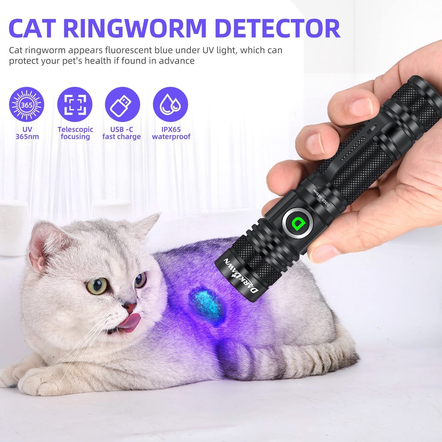 DARKDAWN UV flashlights 365nm and 395nm light USB rechargeable, ultraviolet LED blacklight woods lamp, mini detector for pet urine, stains, uranium glass, amber, resin curing, 2 pieces.