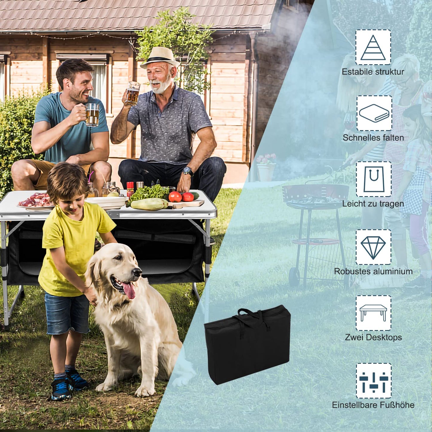 Jiubiaz Folding Camping Kitchen Aluminum Camping Table, Adjustable Height Camping Cabinet with Carrying Bag, Outdoor Camping Kitchen for Picnic