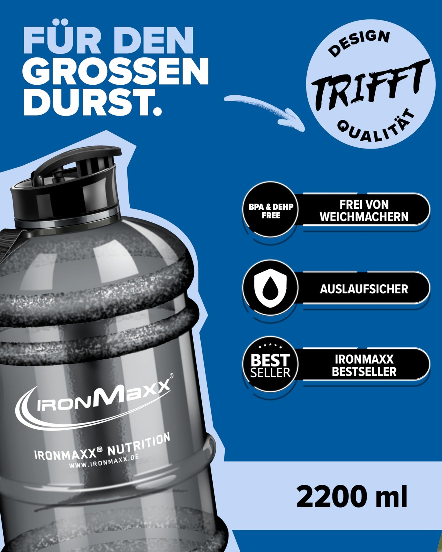 IronMaxx Water Gallon - Grey 2200ml | BPA & DEHP free | Leak-proof water bottle with measurement scale | available in various colors.