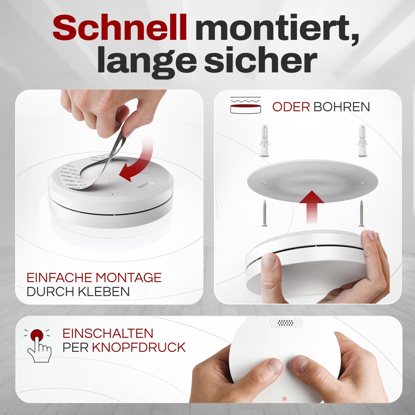 ALPENLUFT Smoke Detector 10 Year Battery, Flat Fire Alarm, Smoke Alarm, Fire Alarm | No Drilling, No LED Blinking - Smoke Fire Safety Fire Alarm 3 Pack