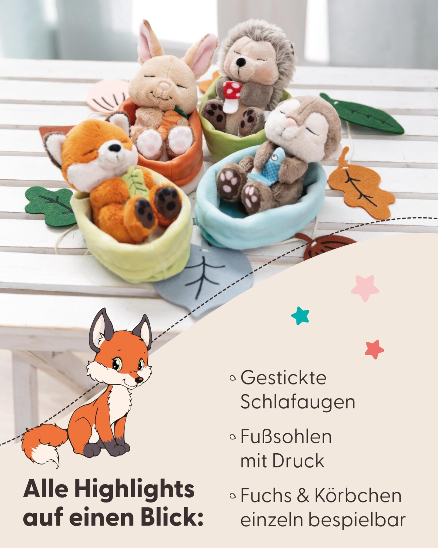 NICI cuddly toy fox with leaf 12cm sleeping in basket - orange - made of soft plush, cute plush toy for cuddling and playing, for children & adults - 61581