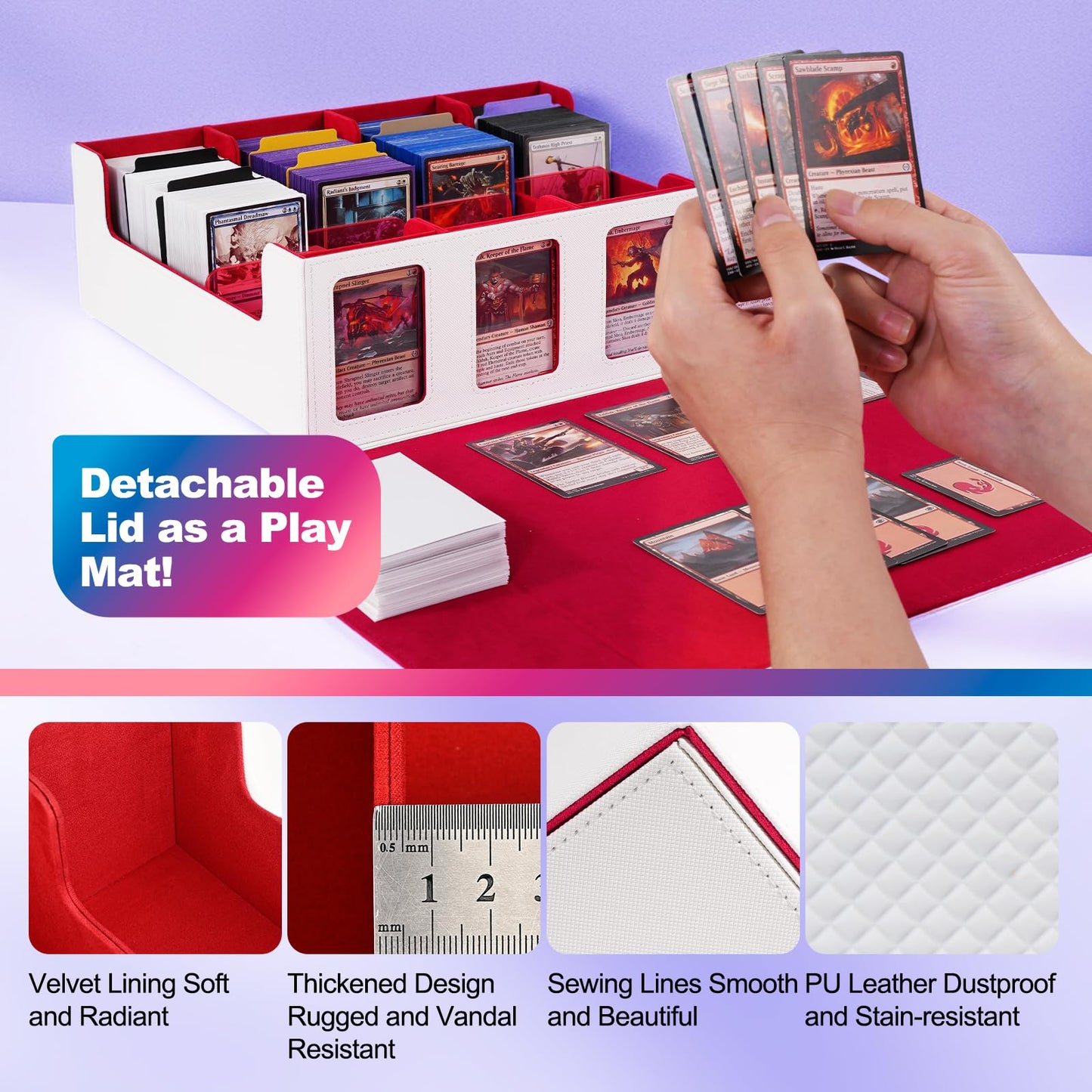 UAONO Trading Card Storage Box with Commander Display; 2400+ Deck Box for MTG with removable lid; Toploader card box for Magic TCG, PTCG, sports cards; 24 dividers, 4 stop blockers - White/Red