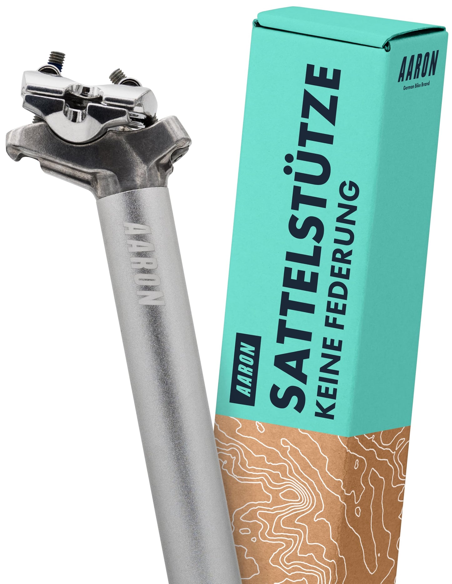 AARON Post seatpost with 30.9 mm diameter, aluminum seat tube with 350 mm length, suitable for city bikes, trekking bikes, touring bikes, and mountain bikes with scale in silver.