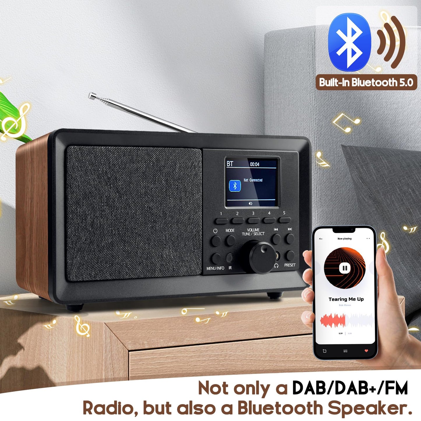 Wholede DAB Plus Radio with Bluetooth, DAB Radios with remote control DAB+/FM Radio Retro Wood Digital Radio Kitchen Radio Alarm Clock with dual alarm and USB/Aux port