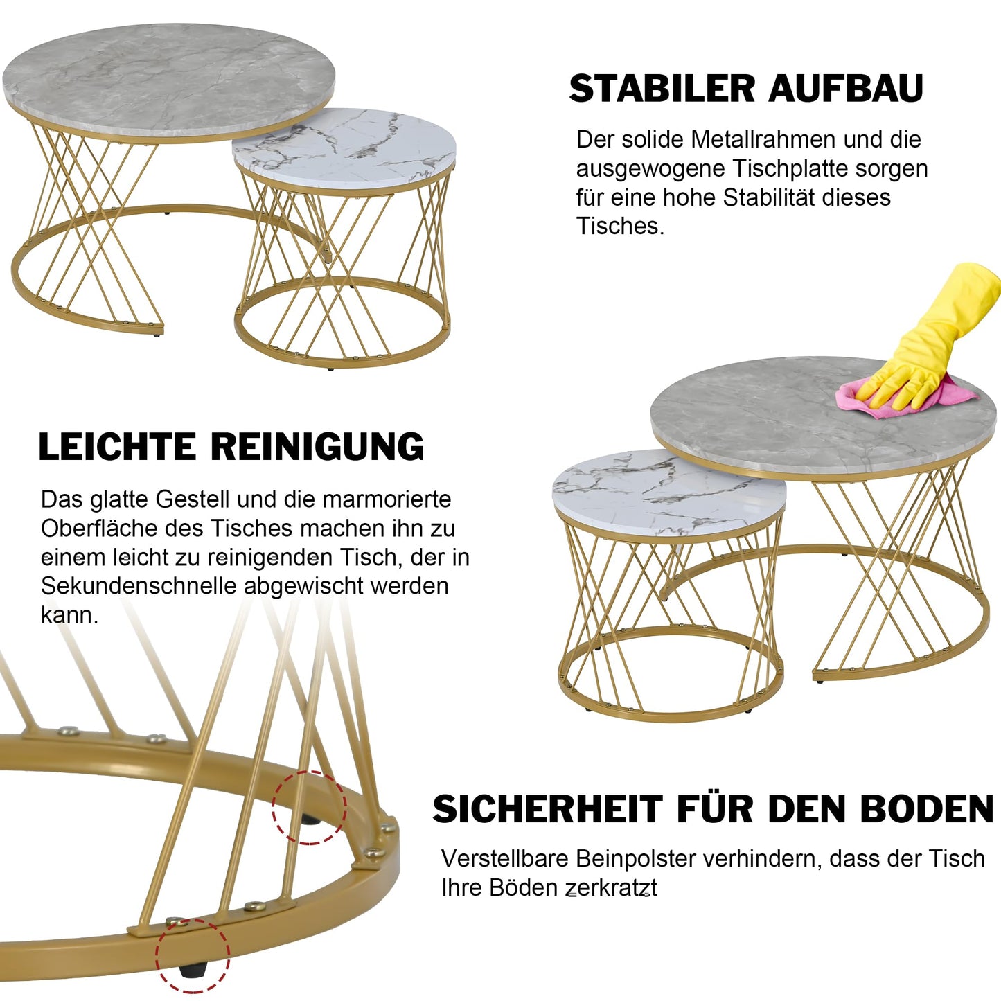 Modern Round Coffee Table Set of 2, Side Table Set, Coffee Table Set Marble Veneer Sofa Side Nest of Tables Round End Tables, Set of Tables for Living Room Bedroom, Gold Frame (White + Gray)