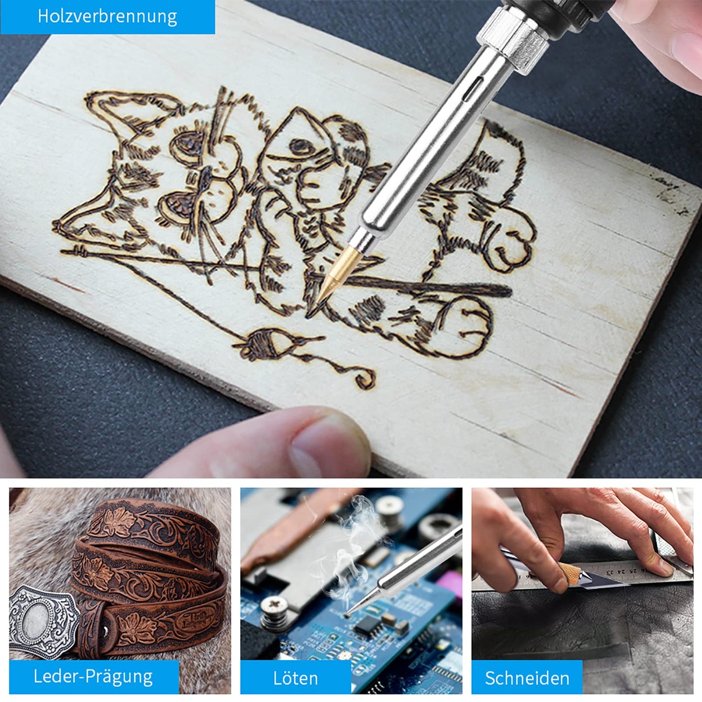 AOZOY Branding Iron Set 113PCS Wood Burning Kit - Soldering Iron Wood 60W Adjustable Woodburner Temperatur 200-450°C Pyrography Pen for Wood DIY Art Welding Sculpture Woodburning