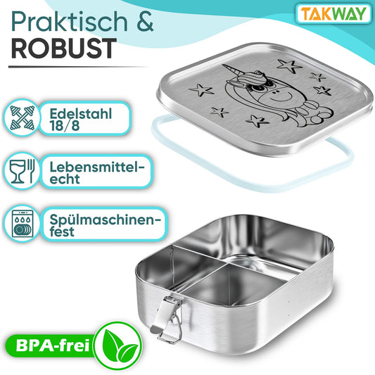 TAKWAY Stainless Steel Lunch Box for Kids with Compartments 800ml | Leakproof | Bento Box with Adjustable Dividers | Snack Box for Preschool Kindergarten School (Unicorn, 3 Compartments)