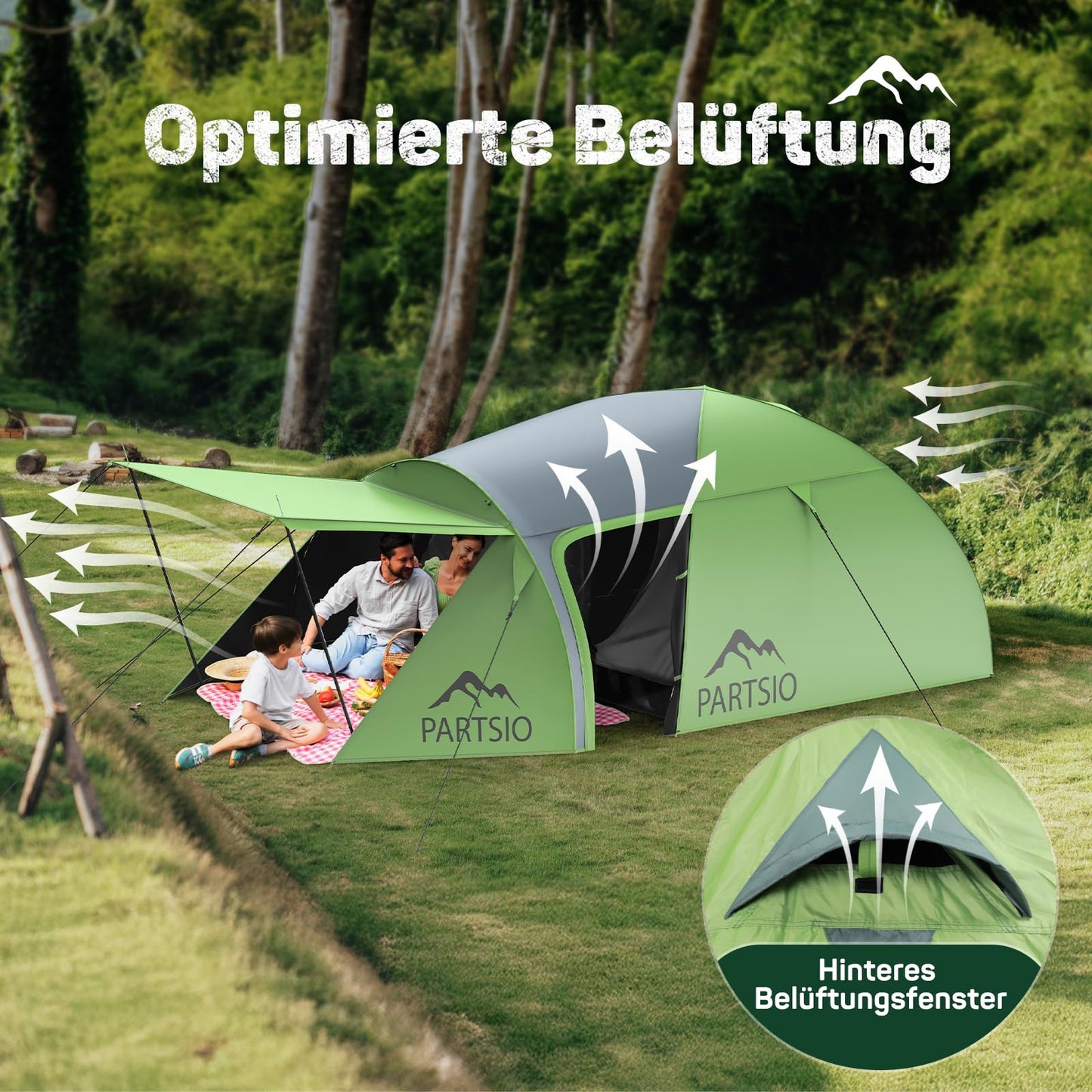 Partsio camping tent with vestibule tent 2-4 people Waterproof 4000mm dome tent Vestibule Detachable for trekking & festival Family camping trip Trekking garden Living space volume: 7.2 m³