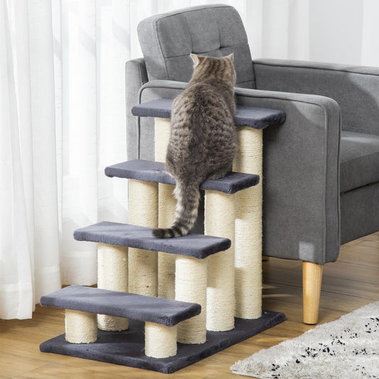 PawHut Pet Stairs Cat Stairs Dog Stairs 4 Steps Stairs for Cats and Dogs Plush Grey 60 x 42 x 61 cm