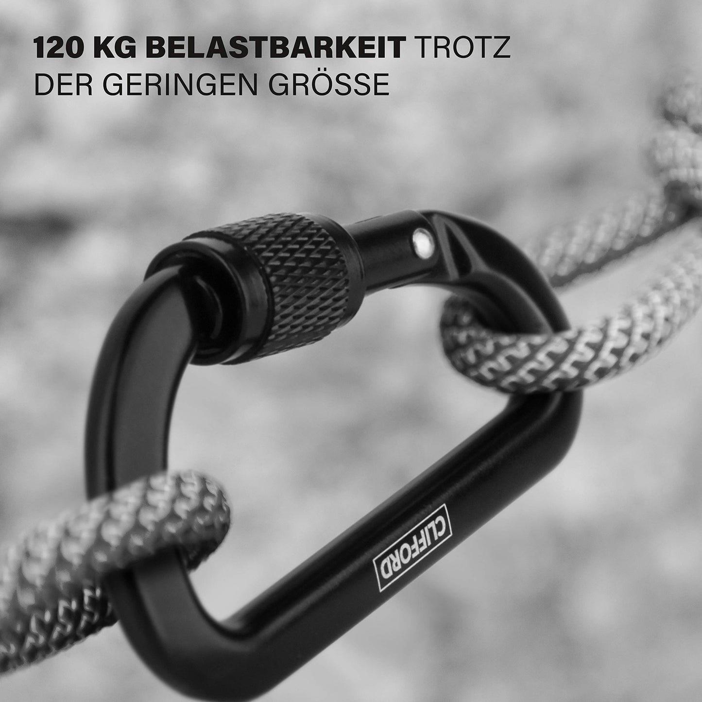 CLIFFORD Mini carabiner I 120 kg load capacity I Carabiner keychain made of durable aluminum 6082 I Key carabiner I Small black carabiner hook for keychain, key rings, camping.