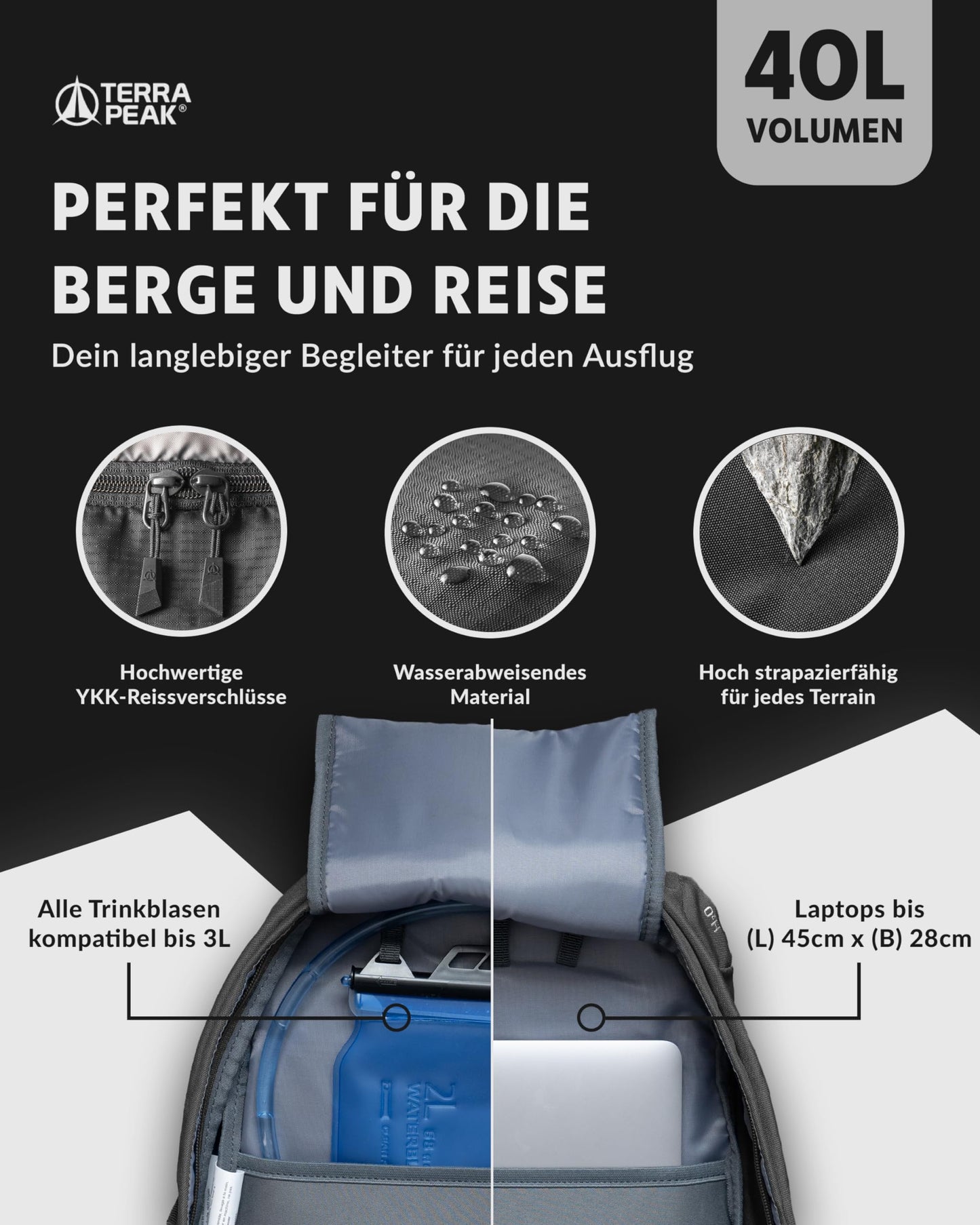 Terra Peak hiking backpack 40 liters for women and men Flex 40 gray - daypack backpack waterproof - backpack for hiking & camping - with integrated hydration system holder and laptop compartment - unisex daypack