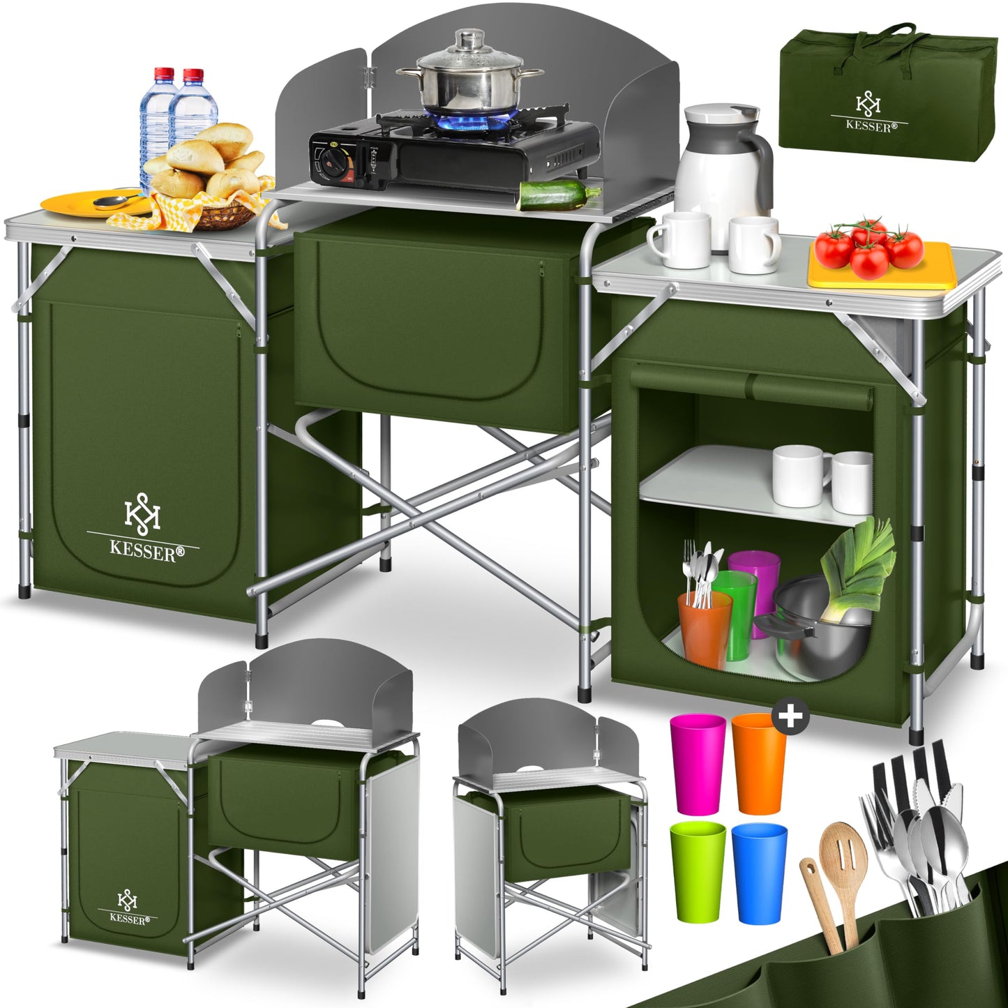 KESSERยฎ camping kitchen | Includes carrying bag & cup set | Folding camping cabinet | with aluminum frame | Travel kitchen | Kitchen box | Tent cabinet | Outdoor camping kitchen | Khaki | Type Big