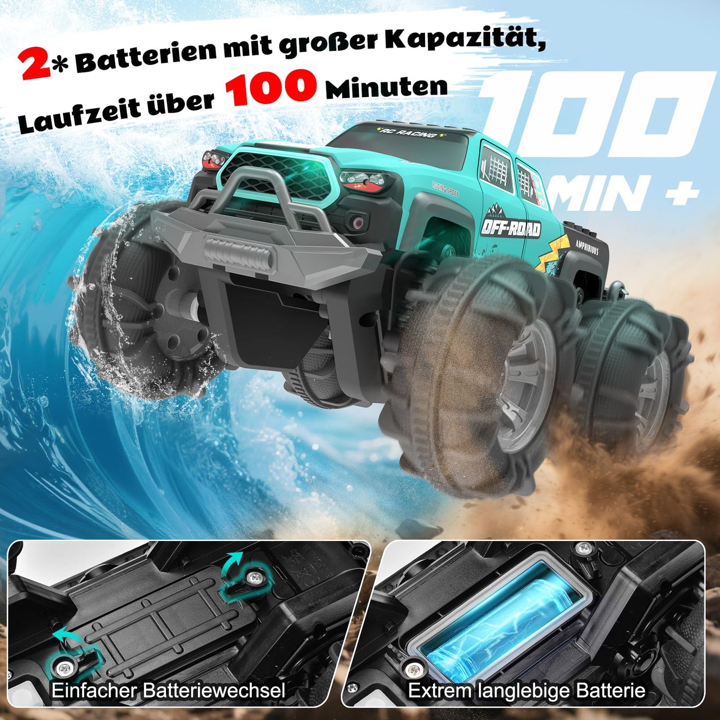 4WD Amphibious Remote Control Car, RC car waterproof with gesture sensor, LED light & 2 batteries, Gift for boys & girls 4-12 years old, Toy car for sand, water & terrain, Compatible with building blocks